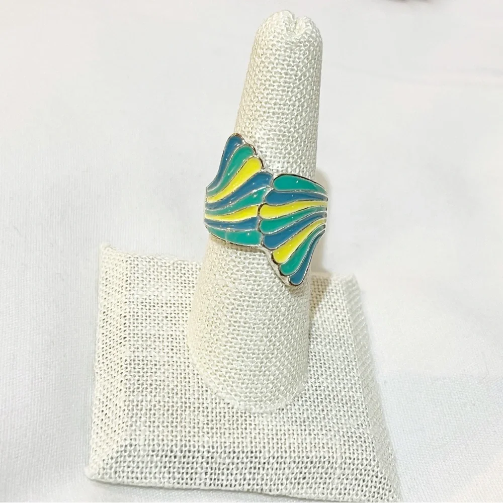 Mermaid Tail Enameled Ring Size 7 1/4 Colors of the Sea Teal Blue Yellow Summer